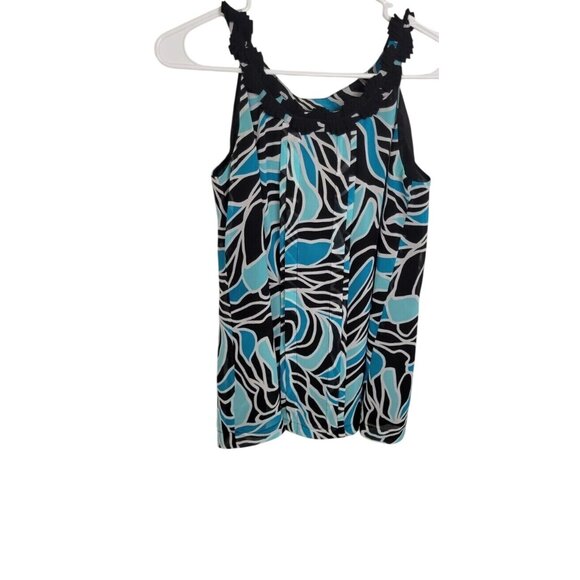 APOSTROPHE Sleeveless Abstract Print Blouse Top W/ Pleated Front & Black Lining - Picture 3 of 5